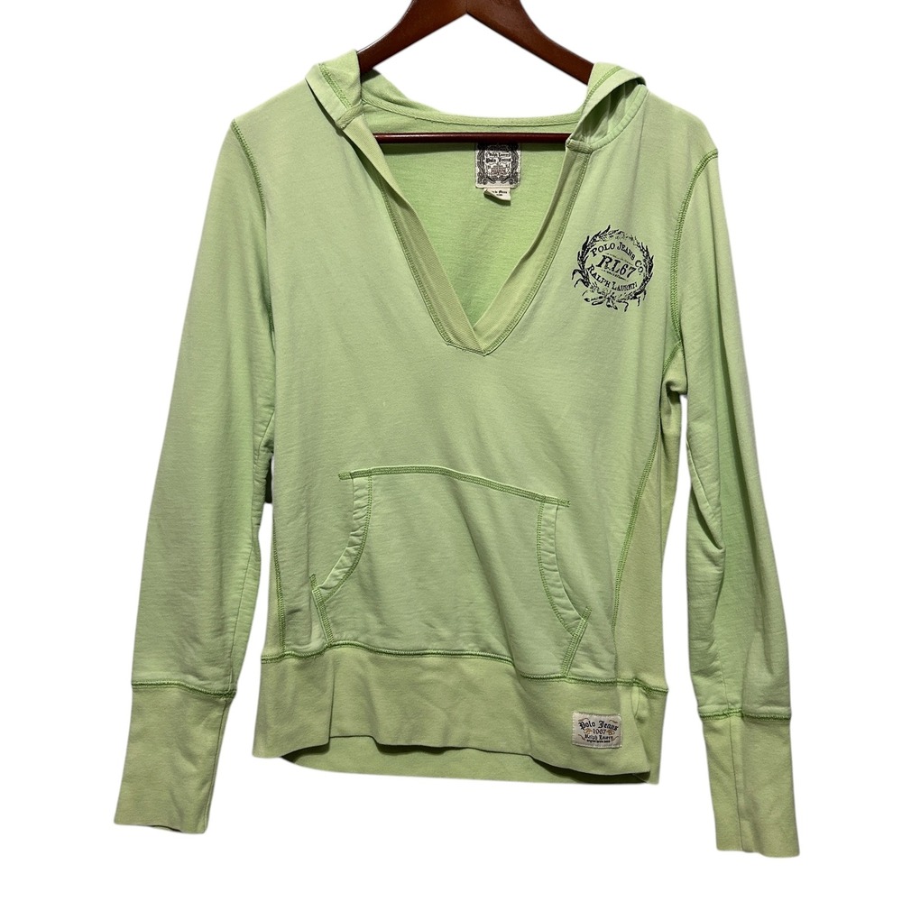 Polo Jeans Womens Y2K Hoodie‎ M Green V Neck Kangaroo Pocket Casual Streetwear